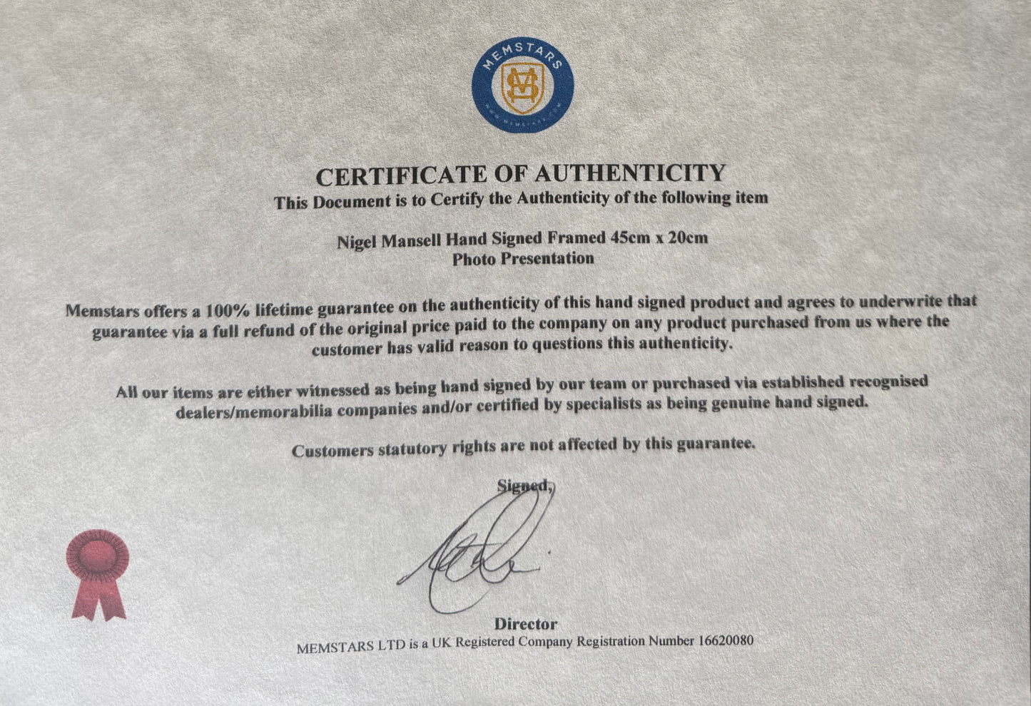 Nigel Mansell Hand Signed Framed (45cm x 20cm) Card Photo Presentation With COA