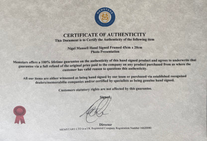 Nigel Mansell Hand Signed Framed (45cm x 20cm) Card Photo Presentation With COA