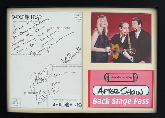 Peter, Paul, Mary, Hand Signed Framed 30cm x 20cm Postcard, Ticket & COA
