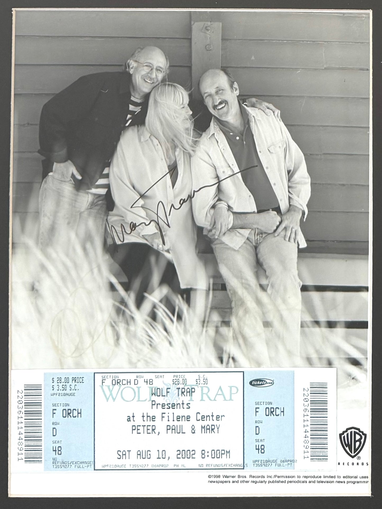Peter, Paul, Mary, Hand Signed Framed 30cm x 30cm Photo, Ticket & COA