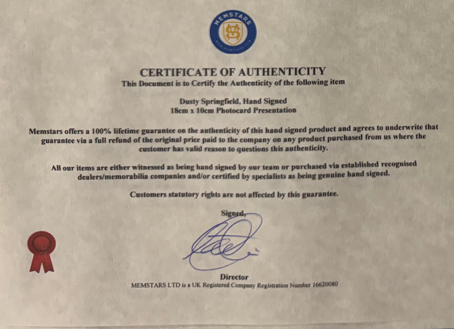 Dusty Springfield, Iconic 1960's Singer, Hand Signed 18cm x 10cm Photocard & COA