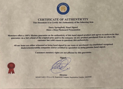 Dusty Springfield, Iconic 1960's Singer, Hand Signed 18cm x 10cm Photocard & COA