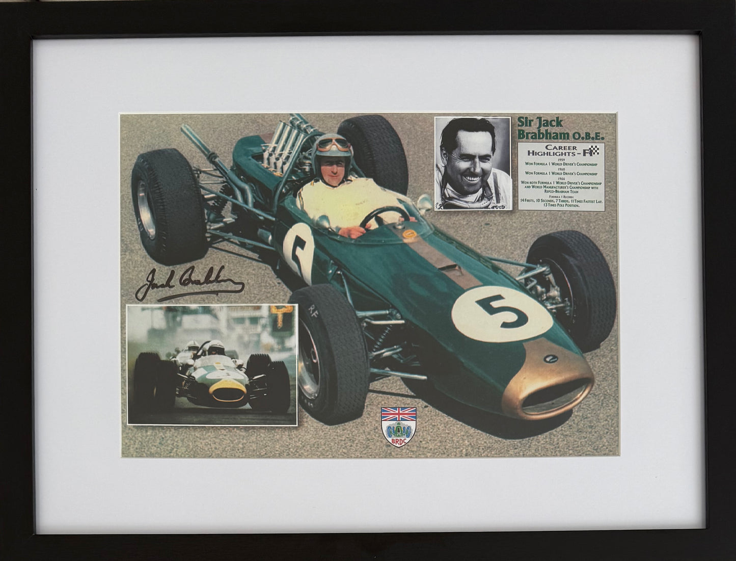 Sir Jack Brabham, Hand Signed Framed 40cm x 30cm 'Team Brabham' F1 Photo With COA