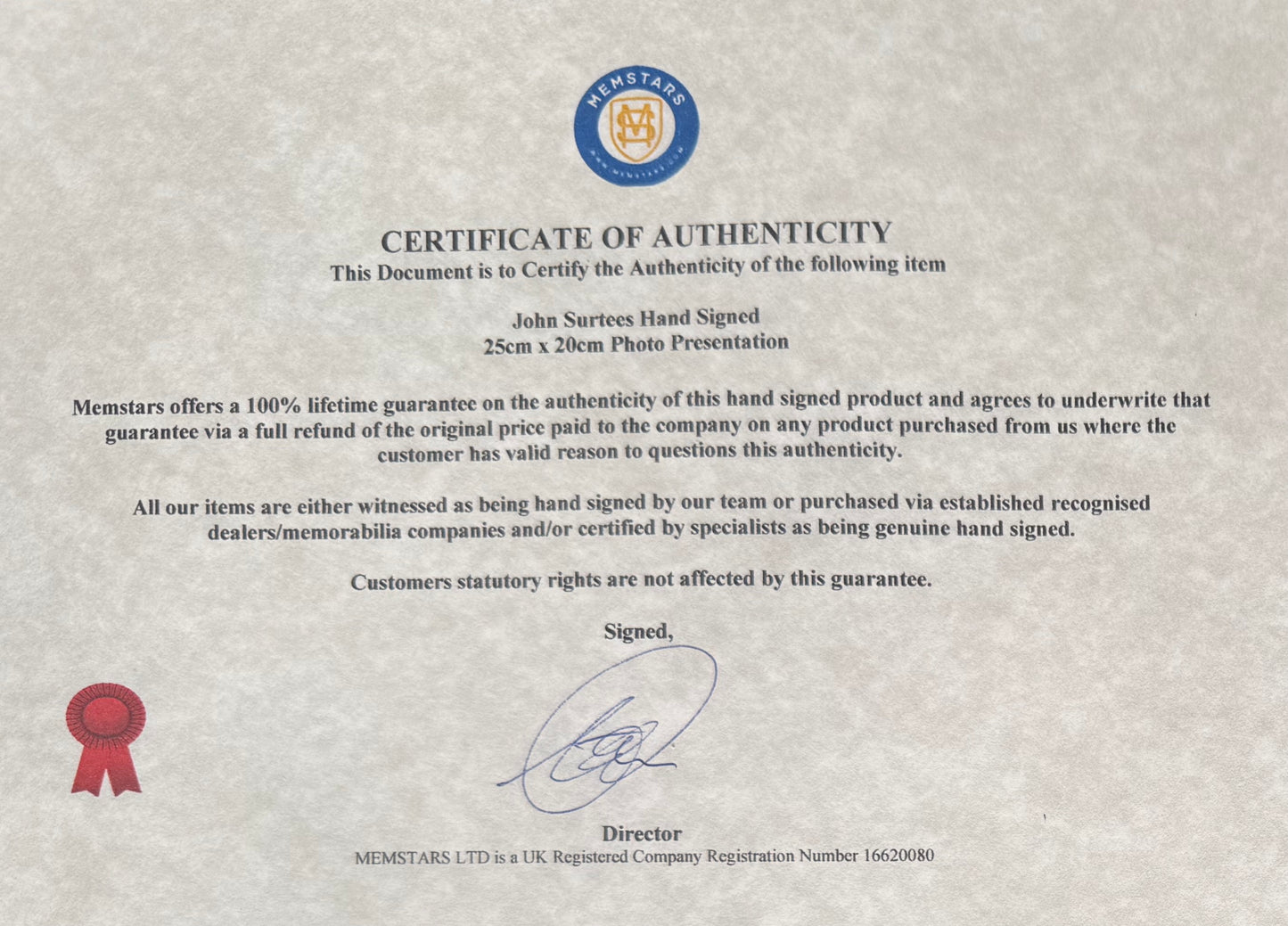 John Surtees, F1, Motorcycle, Racing Legend, Hand Signed Photo With COA