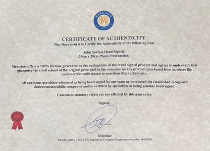 John Surtees, F1, Motorcycle, Racing Legend, Hand Signed Photo With COA