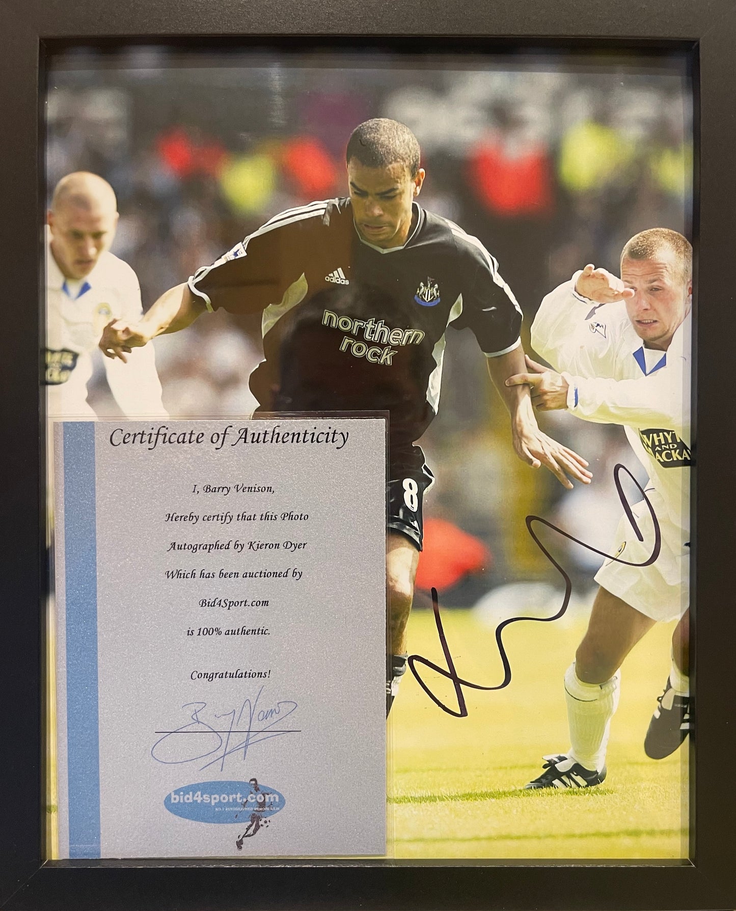 KIERON DYER HAND SIGNED NEWCASTLE UNITED FRAMED PHOTO WITH COA