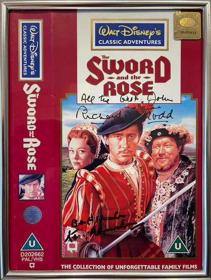 RICHARD TODD, HAND SIGNED 'THE SWORD AND THE ROSE' VIDEO COVER WITH COA