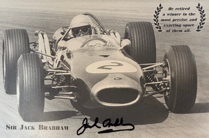 Sir Jack Brabham, Double Hand Signed Framed 15cm x 10cm F1 Photocard & COA