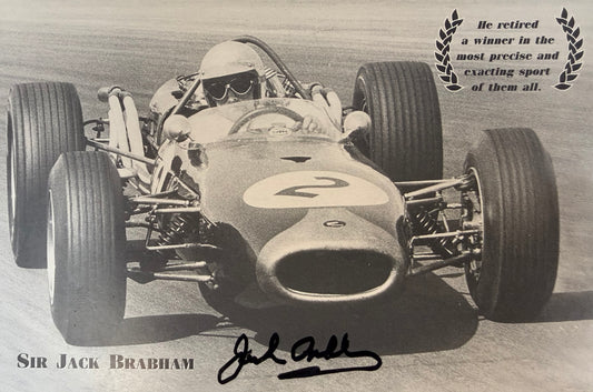 Sir Jack Brabham, Double Hand Signed Framed 15cm x 10cm F1 Photocard & COA