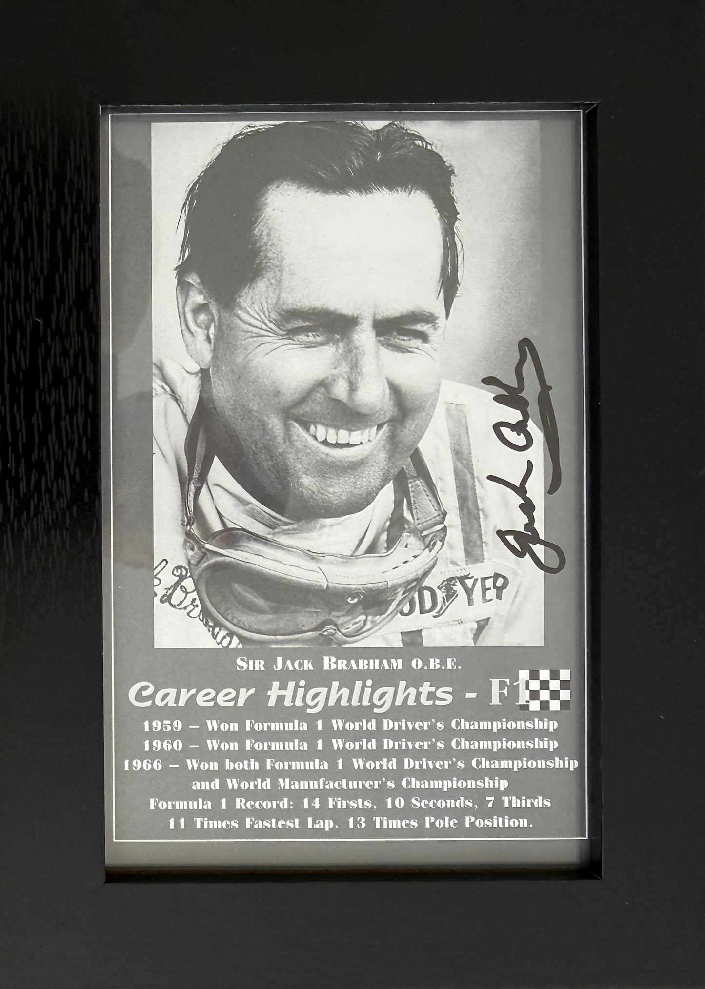 Sir Jack Brabham, Double Hand Signed Framed 15cm x 10cm F1 Photocard & COA