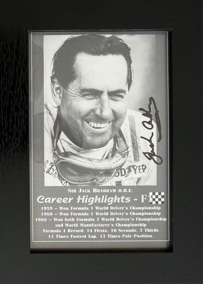 Sir Jack Brabham, Double Hand Signed Framed 15cm x 10cm F1 Photocard & COA