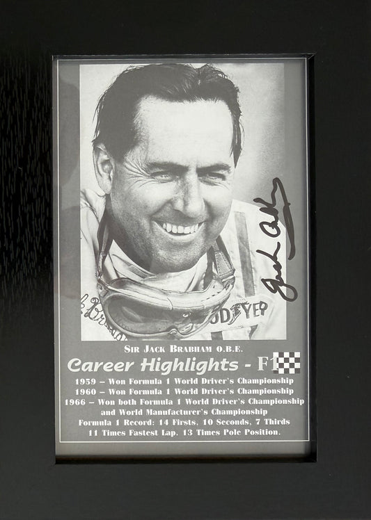 Sir Jack Brabham, Double Hand Signed Framed 15cm x 10cm F1 Photocard & COA