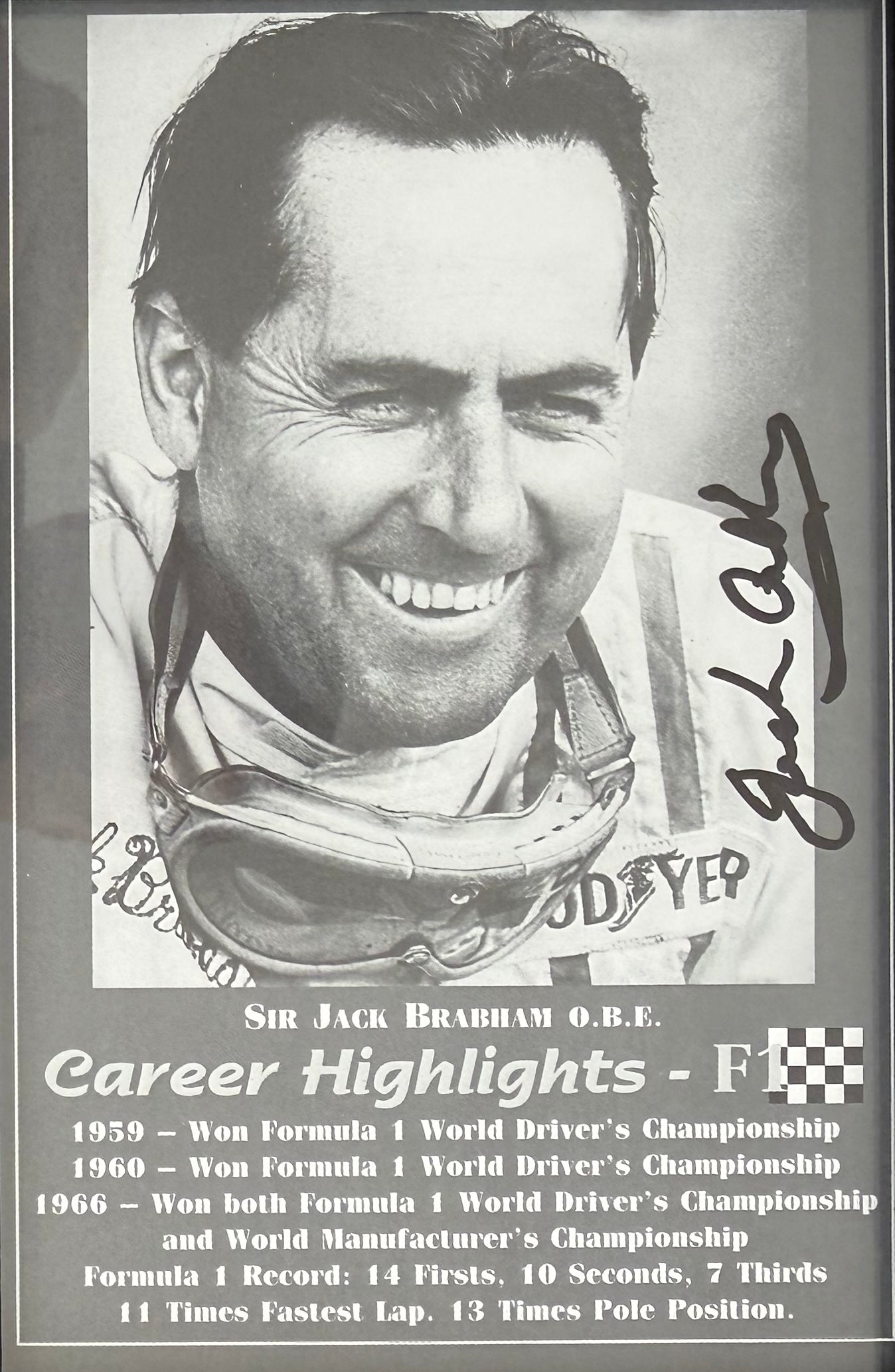 Sir Jack Brabham, Double Hand Signed Framed 15cm x 10cm F1 Photocard & COA