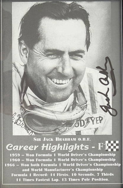 Sir Jack Brabham, Double Hand Signed Framed 15cm x 10cm F1 Photocard & COA