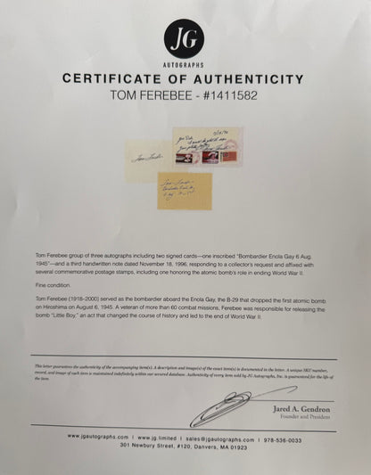 Thomas Ferebee, Enola Gay Atomic Bomb Bombardier, Hand Signed Card & JG COA