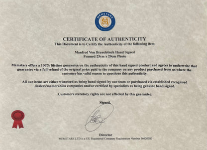 Manfred Von Brauchtisch Former Mercedes F1 Driver, Hand Signed Photo Presentation With COA