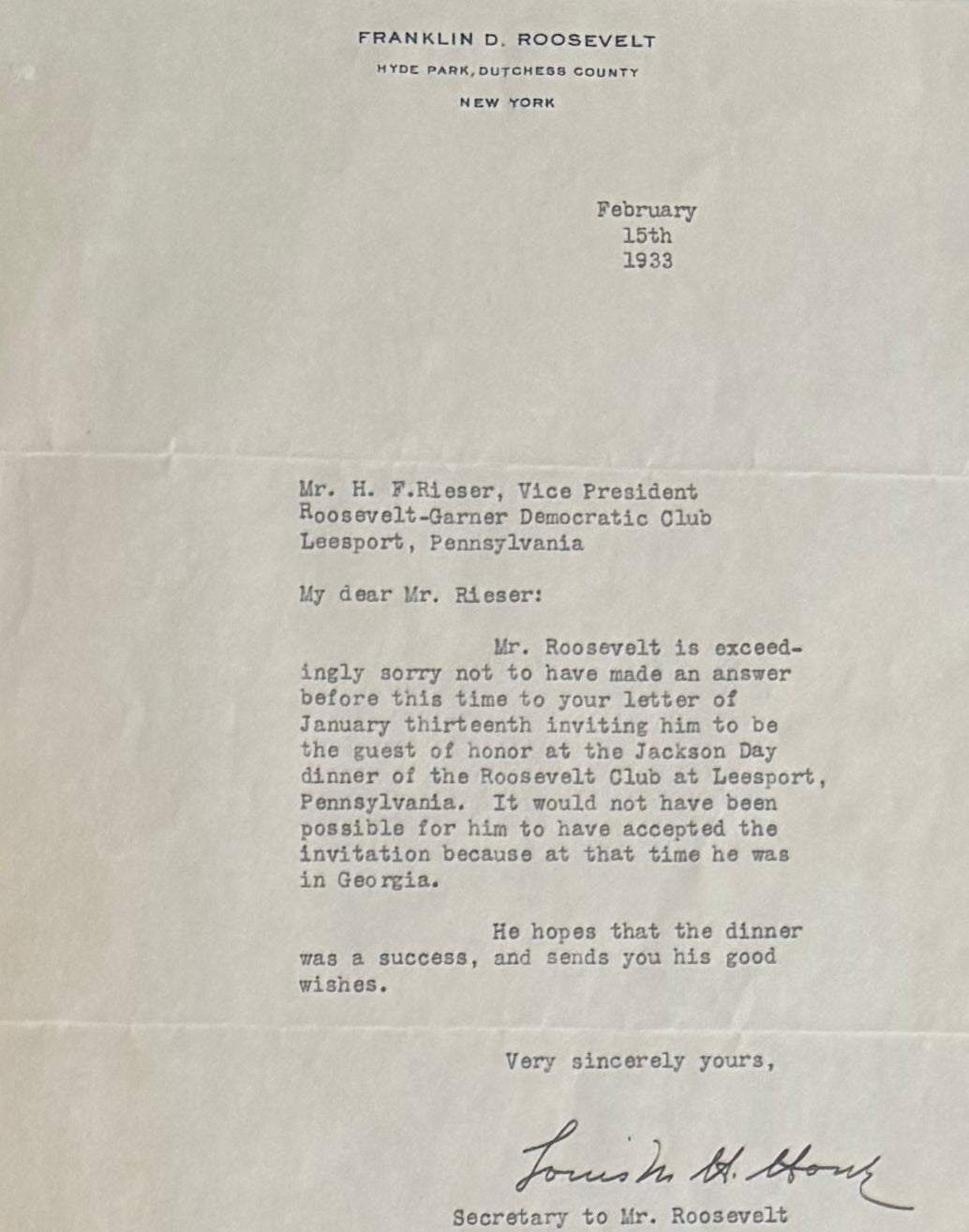 Franklin D. Roosevelt, 32nd American President, Hand Signed Letter Presentation, With COA