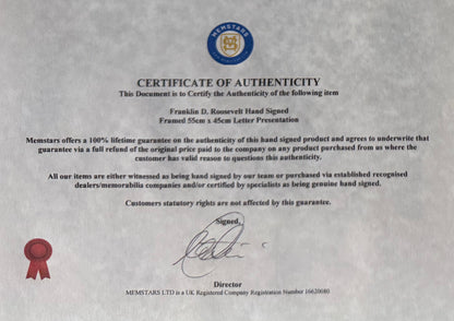 Franklin D. Roosevelt, 32nd American President, Hand Signed Letter Presentation, With COA