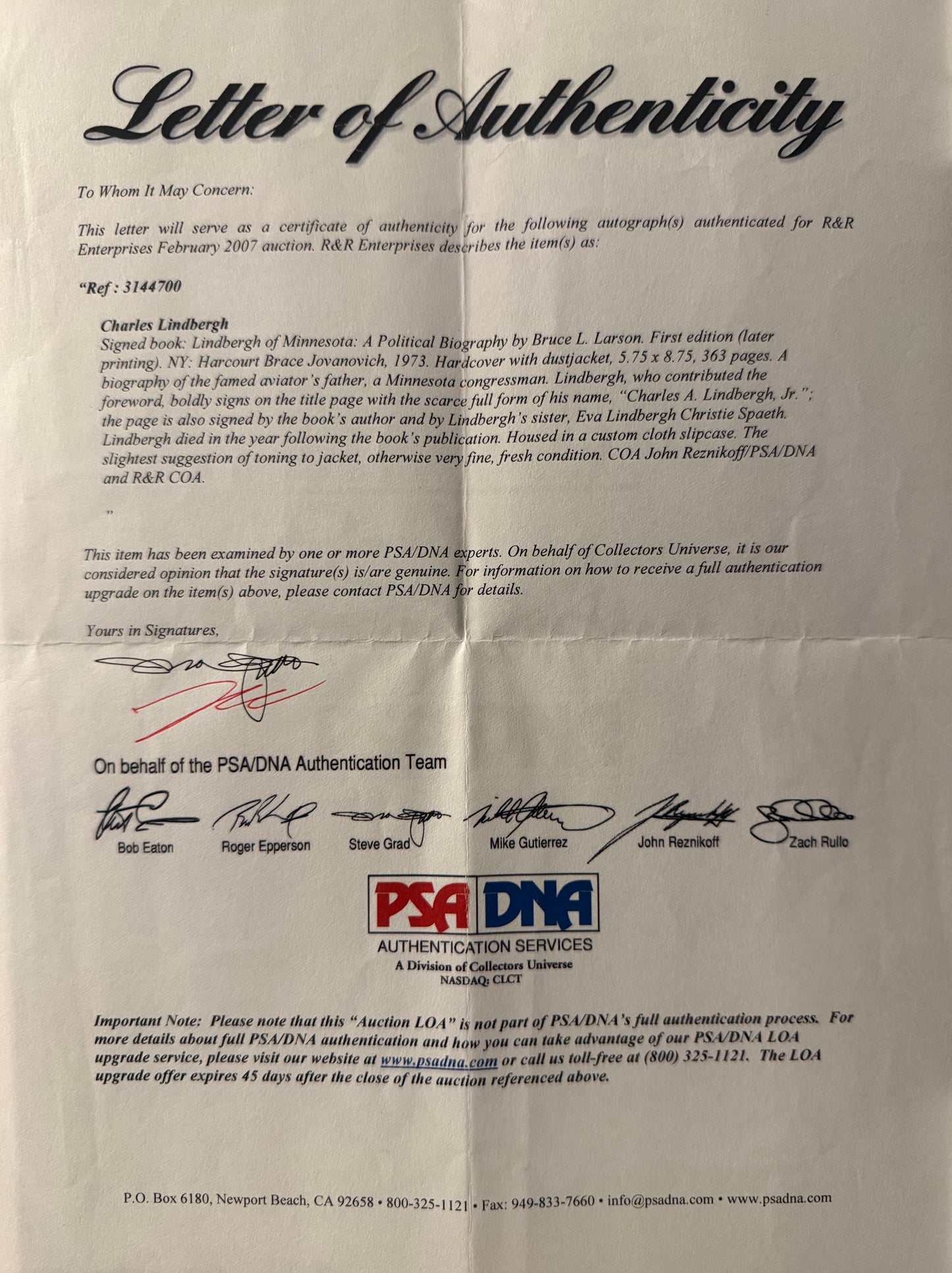 Charles Lindbergh, Guaranteed Hand Signed 'A Political Biography' Book, & PSA DNA COA
