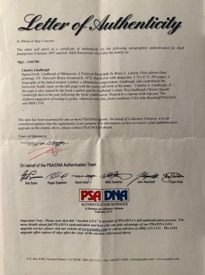 Charles Lindbergh, Guaranteed Hand Signed 'A Political Biography' Book, & PSA DNA COA