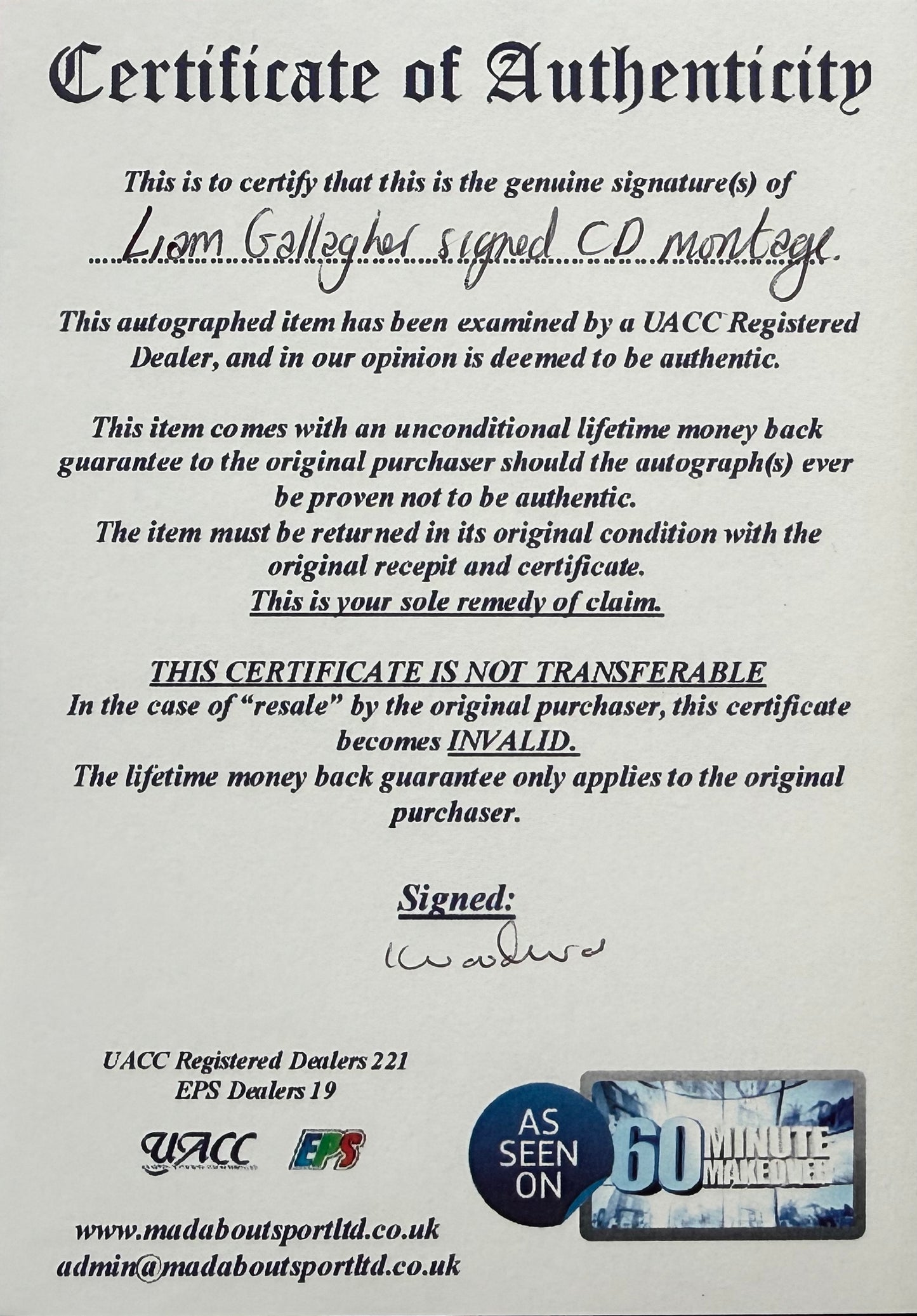 Oasis; Liam Gallagher, Hand Signed Compact Disc, Photo Presentation & UACC COA