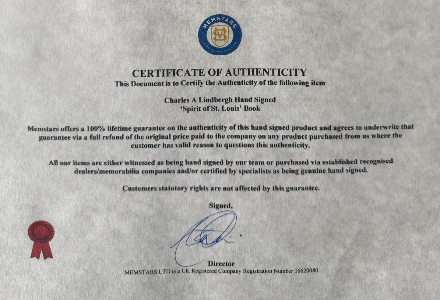 Charles Lindbergh, Guaranteed Hand Signed 'Spirit of St. Louis' Book, & COA