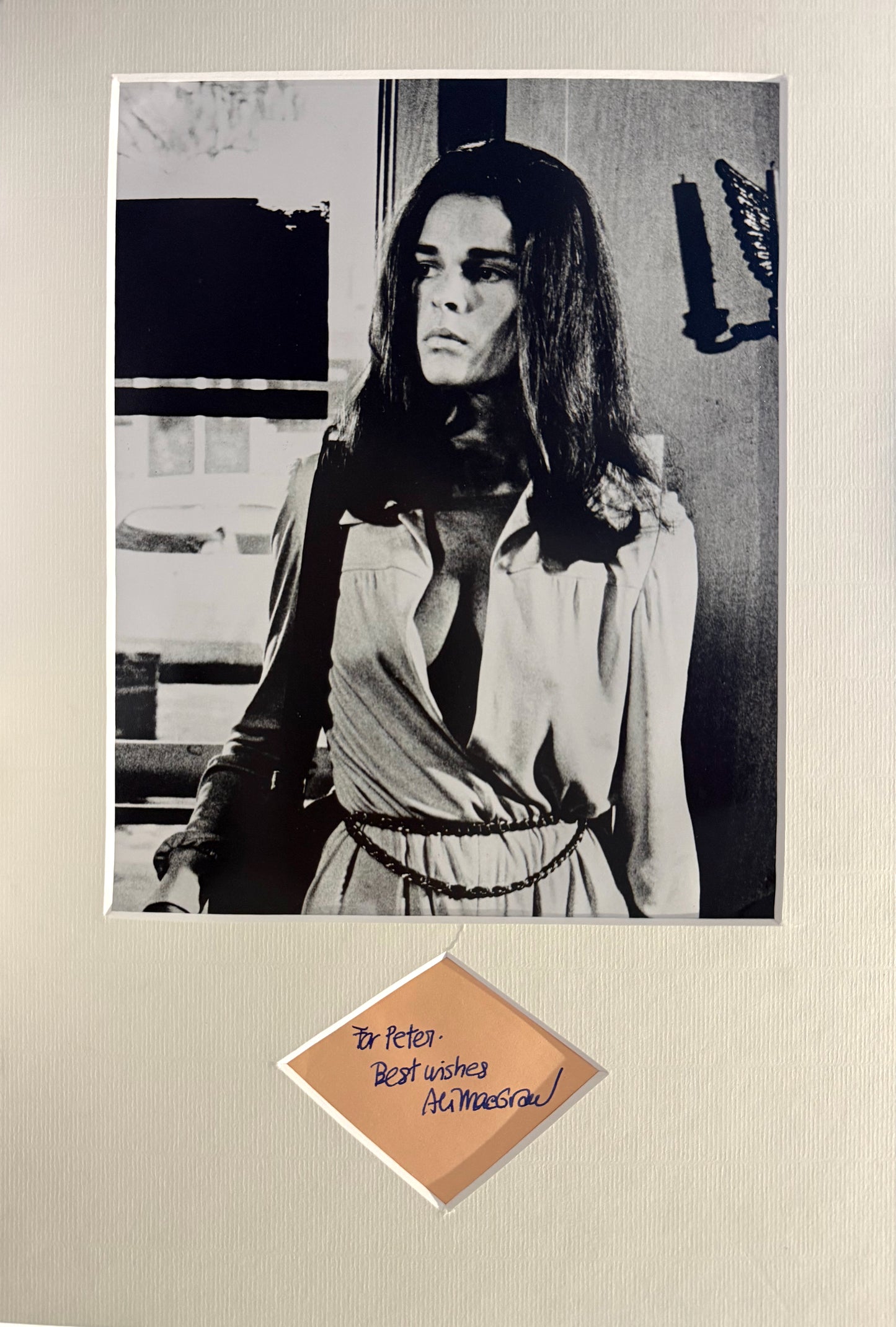 Ali MacGraw, Hollywood Actress, Hand Signed Card, Mounted Photo 45cm x 25cm & COA