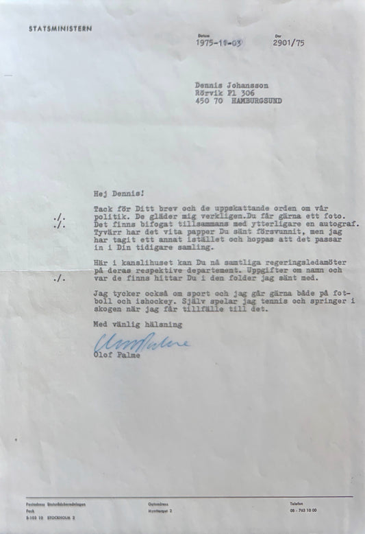 Olof Palme, Assassinated Former Swedish Prime Minister, Hand Signed Letter With COA