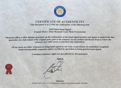Olof Palme, Assassinated Former Swedish Prime Minister, Hand Signed Card & COA