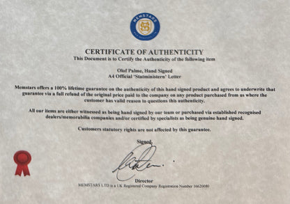 Olof Palme, Assassinated Former Swedish Prime Minister, Hand Signed Letter With COA