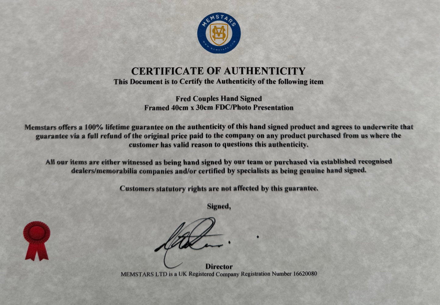 Fred Couples, Golf Legend, Hand Signed First Day Cover FDC 40cm x 30cm Framed With COA