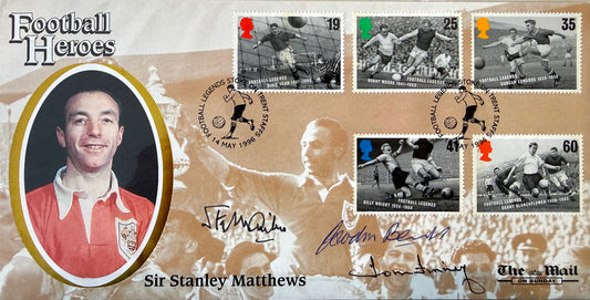 Tom Finney, Stanley Matthews, Gordon Banks Hand Signed FDC, First Day Cover & COA