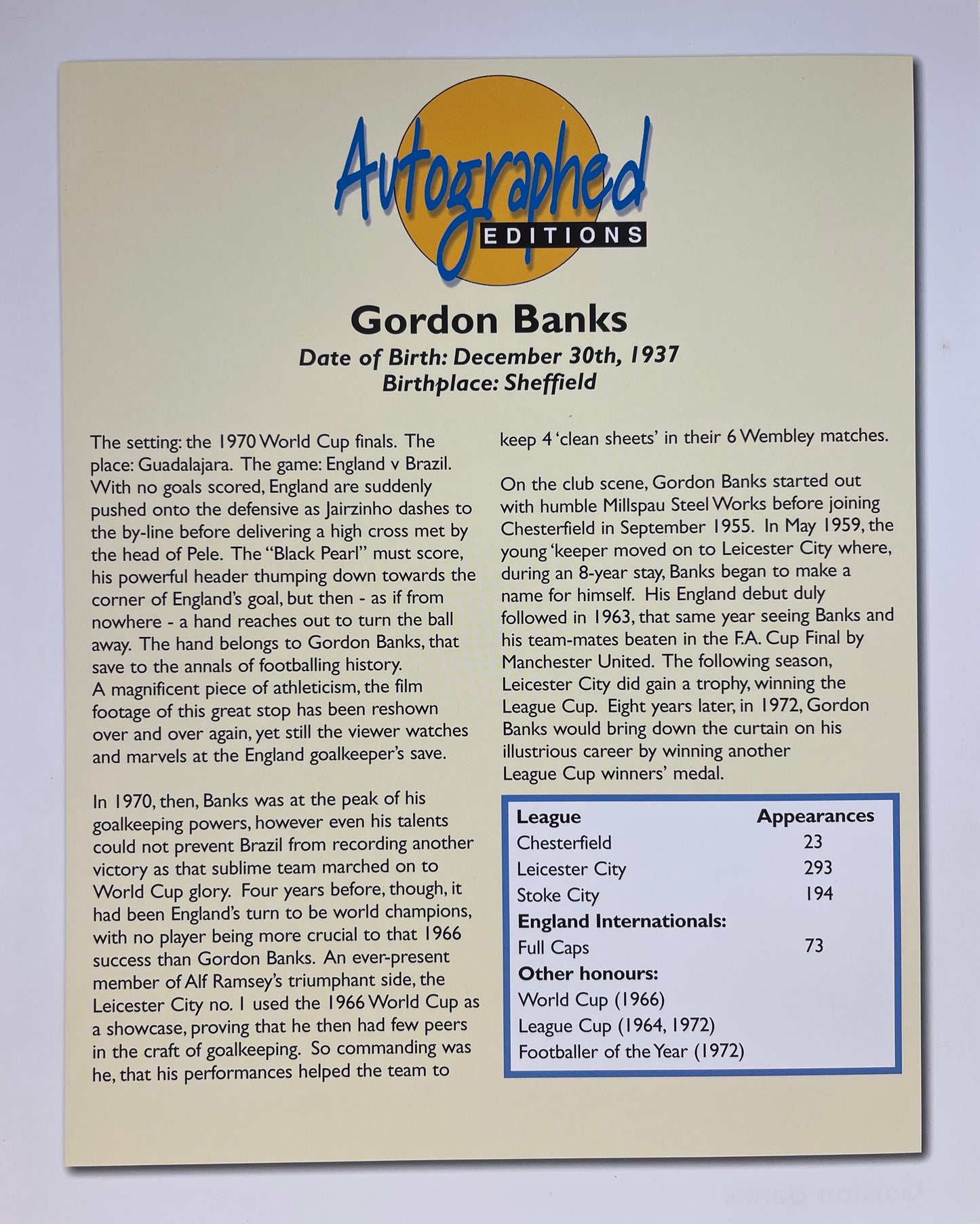 GORDON BANKS GUARANTEED HAND SIGNED PHOTO WITH COA