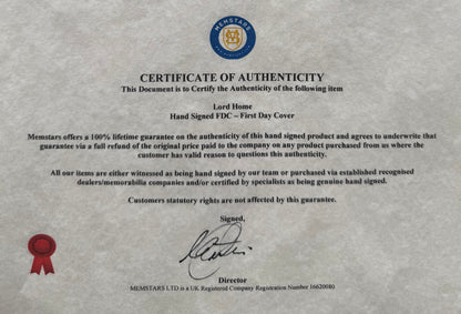 Lord Home, Former British Prime Minister, Hand Signed 'Parliamentary Union' FDC With COA