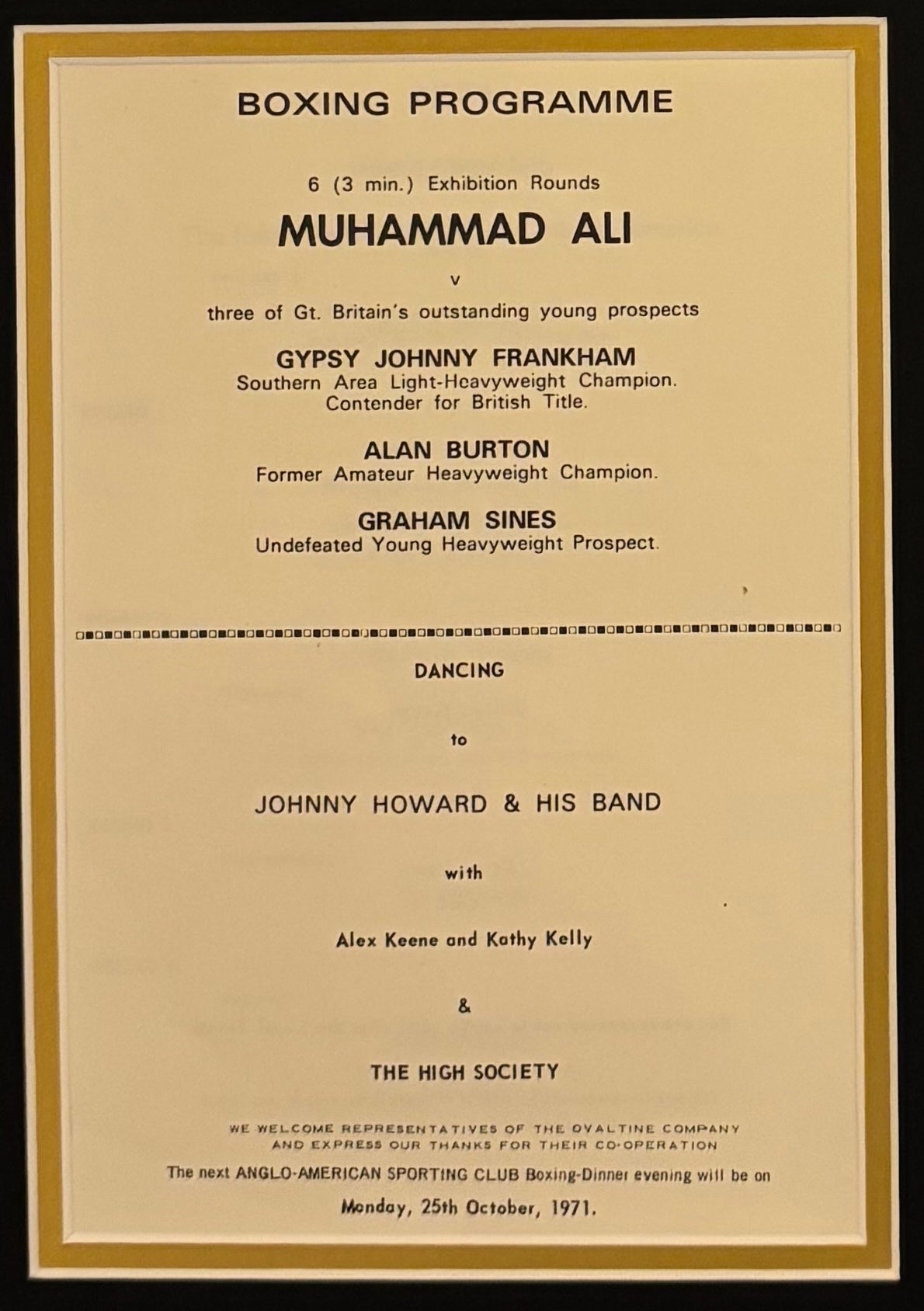 Muhammad Ali, 'The Greatest'. Hand Signed Mounted Dinner Menu Presentation & COA