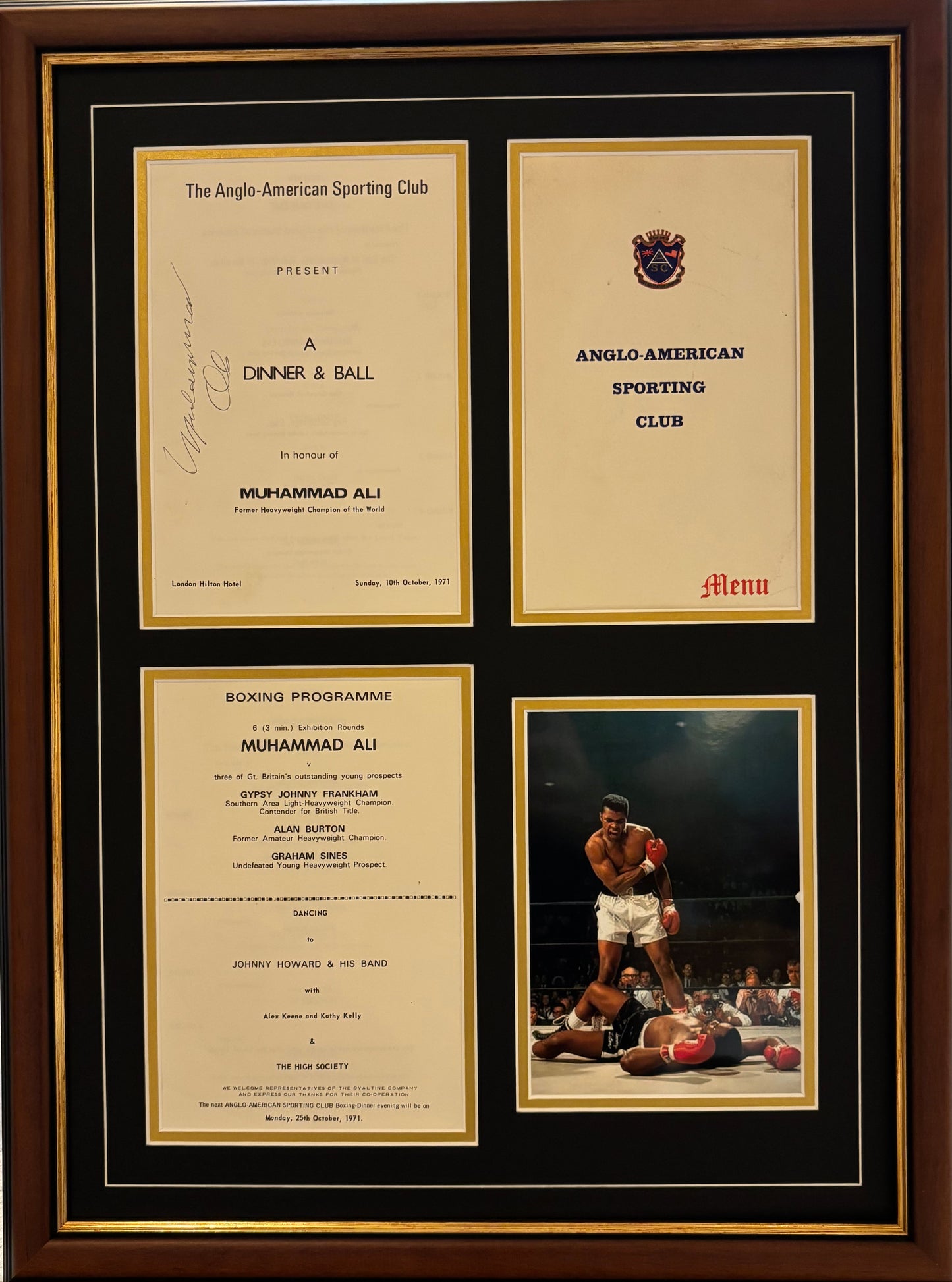 Muhammad Ali, 'The Greatest'. Hand Signed Mounted Dinner Menu Presentation & COA