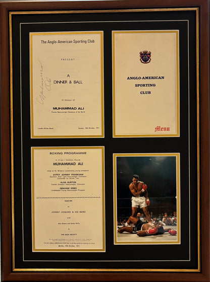 Muhammad Ali, 'The Greatest'. Hand Signed Mounted Dinner Menu Presentation & COA