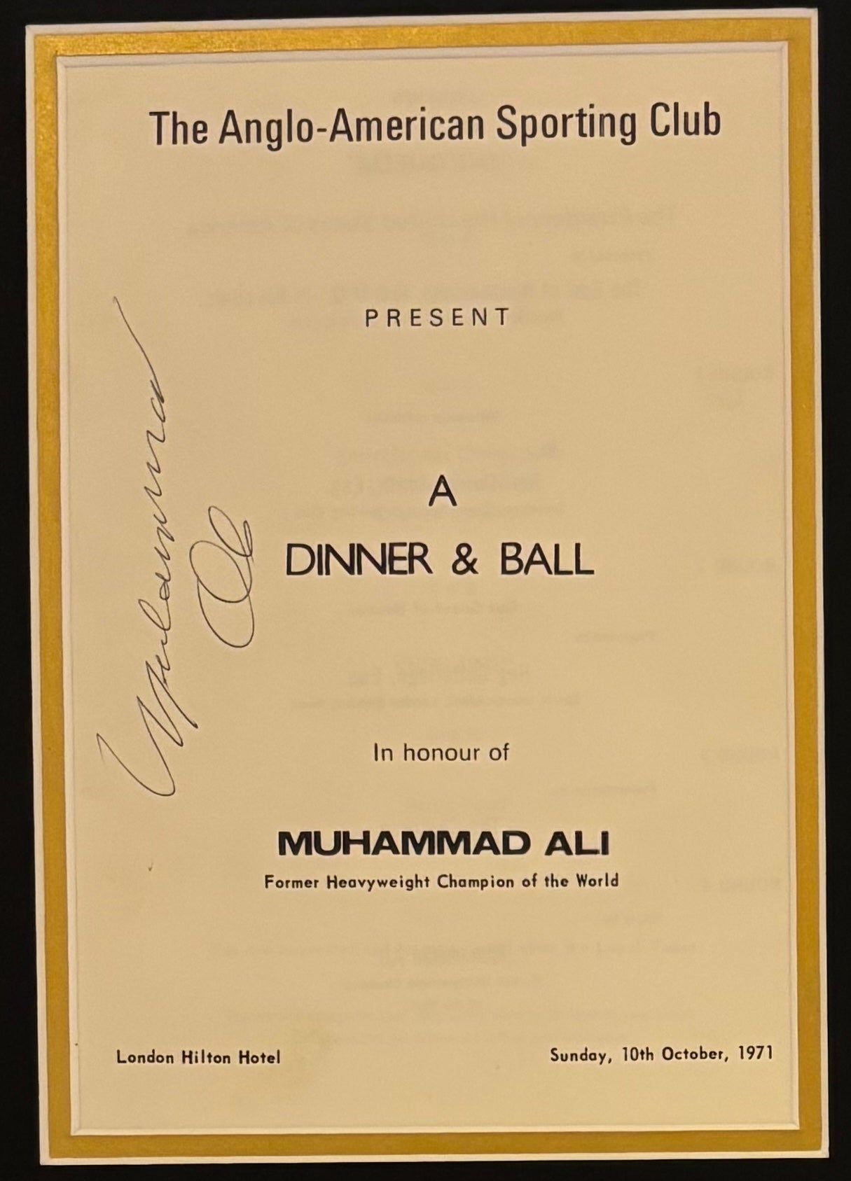 Muhammad Ali, 'The Greatest'. Hand Signed Mounted Dinner Menu Presentation & COA