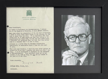 Douglas Hurd, Former British Minister, Hand Signed Framed Letter & Photo with COA