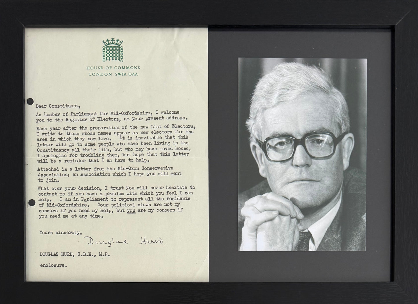 Douglas Hurd, Former British Minister, Hand Signed Framed Letter & Photo with COA