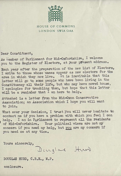 Douglas Hurd, Former British Minister, Hand Signed Framed Letter & Photo with COA