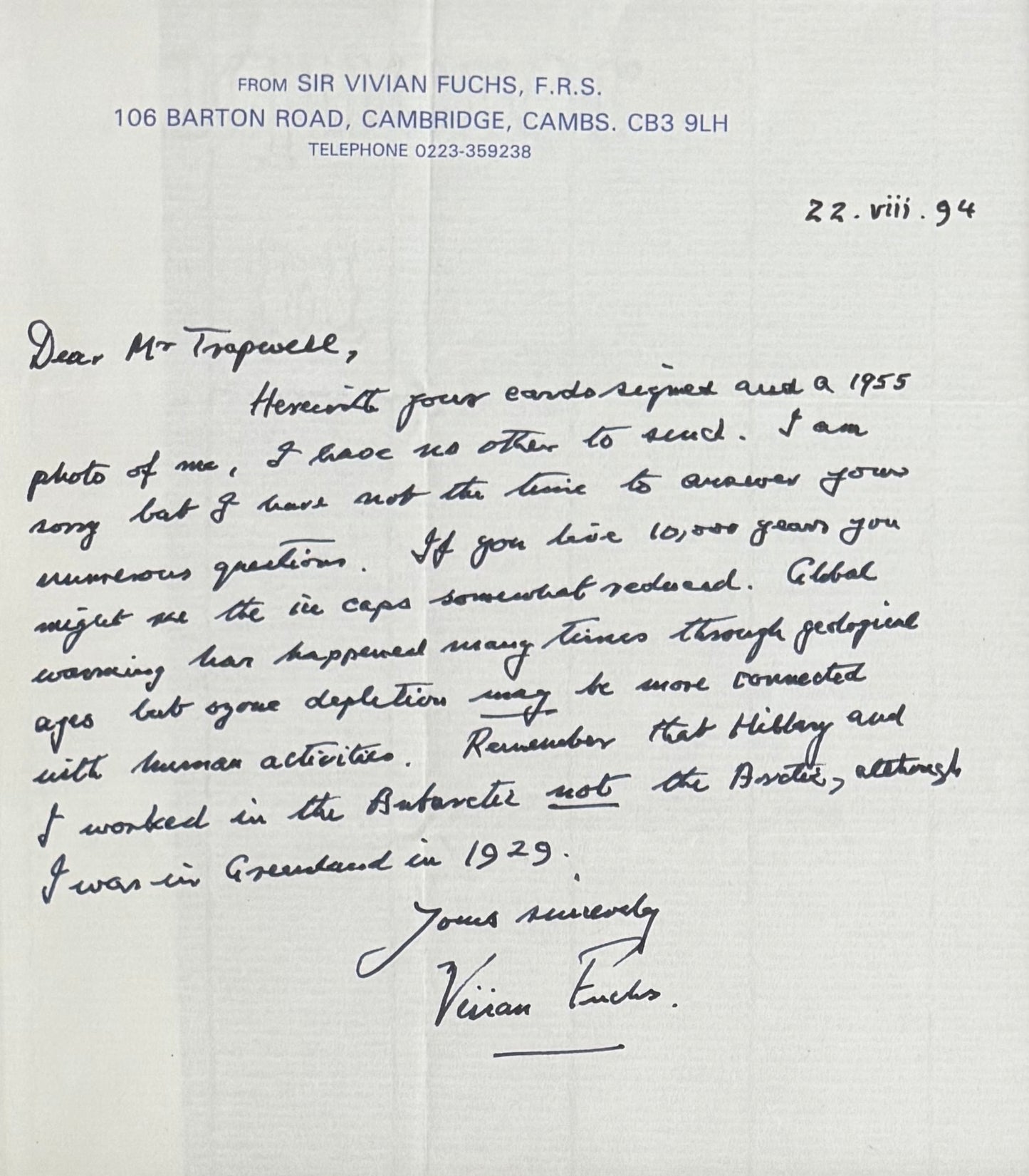 Sir Vivian Fuchs, British Explorer, Hand Signed Framed Letter, Photo & COA