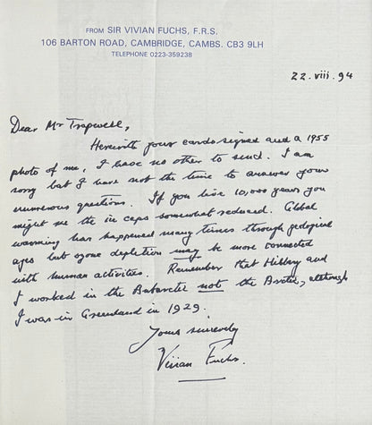 Sir Vivian Fuchs, British Explorer, Hand Signed Framed Letter, Photo & COA