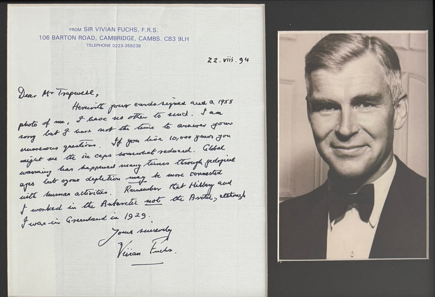 Sir Vivian Fuchs, British Explorer, Hand Signed Framed Letter, Photo & COA