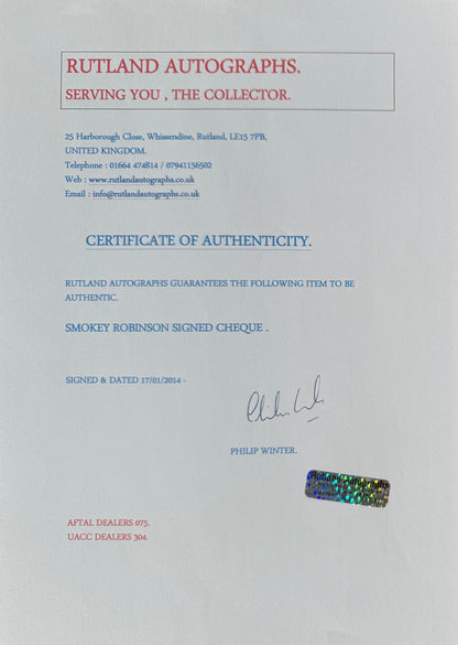 Smokey Robinson, Hand Signed Cheque & UACC/AFTAL Member COA