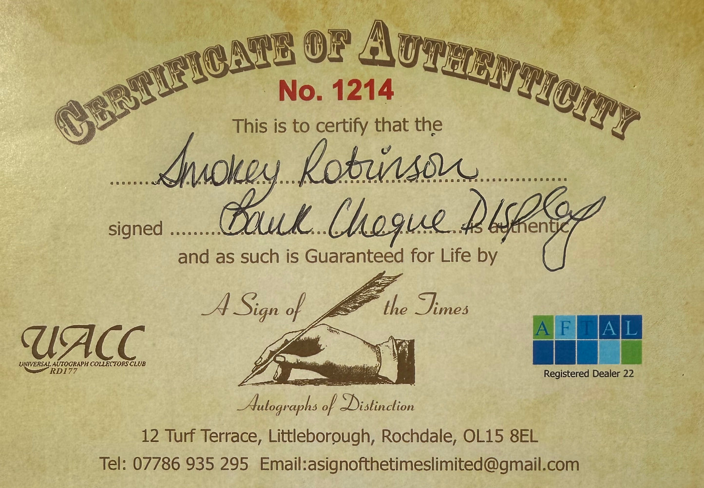 Smokey Robinson, Hand Signed Cheque & UACC/AFTAL Member COA