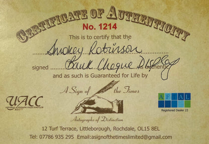 Smokey Robinson, Hand Signed Cheque & UACC/AFTAL Member COA