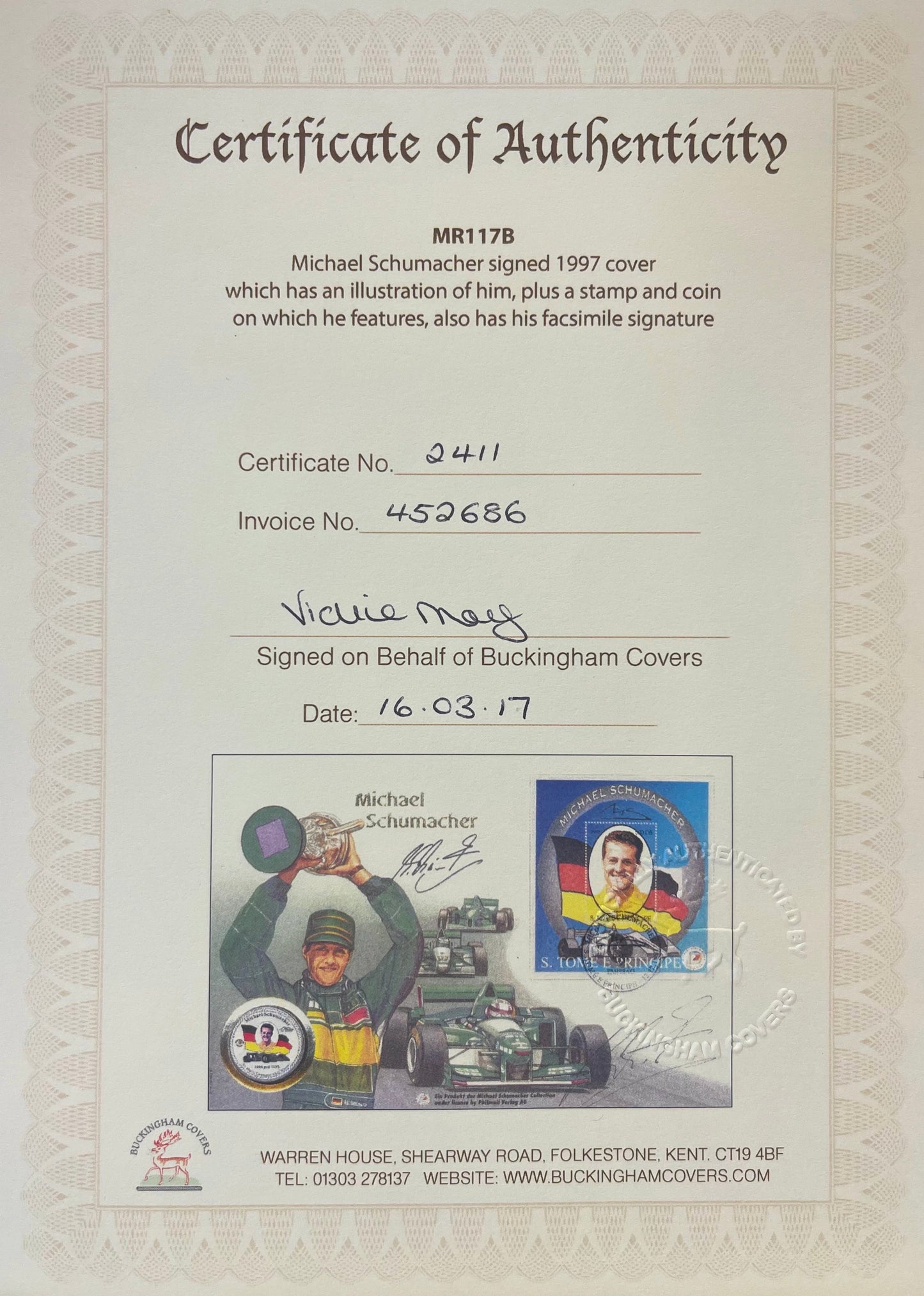 MICHAEL SCHUMACHER HAND SIGNED FIRST DAY COVER PRESENTATION WITH COA