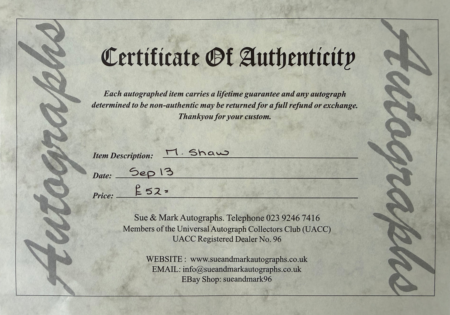 Martin Shaw, The Professionals, Hand Signed 40cm x 30cm Card Presentation & COA