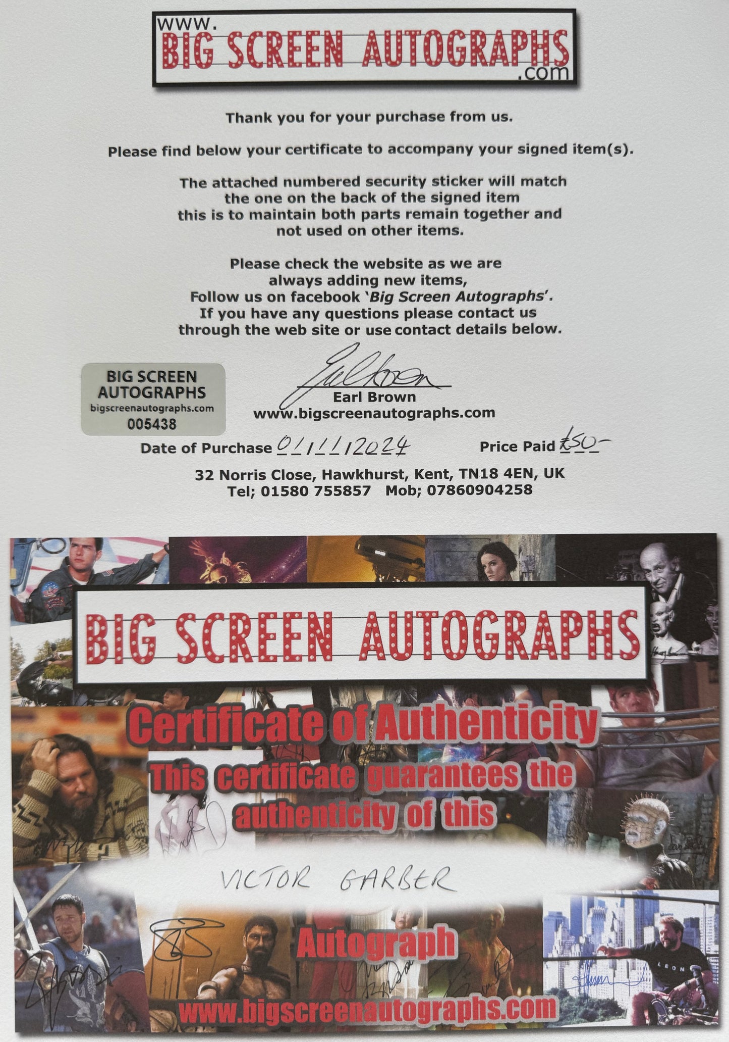 Victor Garber, Hand Signed 'Titanic' Card Presentation & COA
